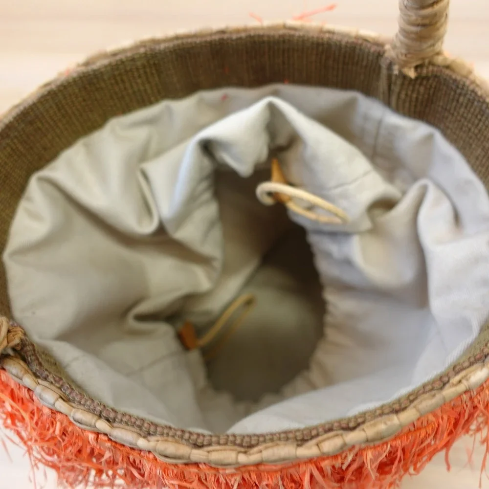 Orange Fringe‎ Straw Bucket Bag Natural Tan Basket Tote Summer Beach Boho KAYU